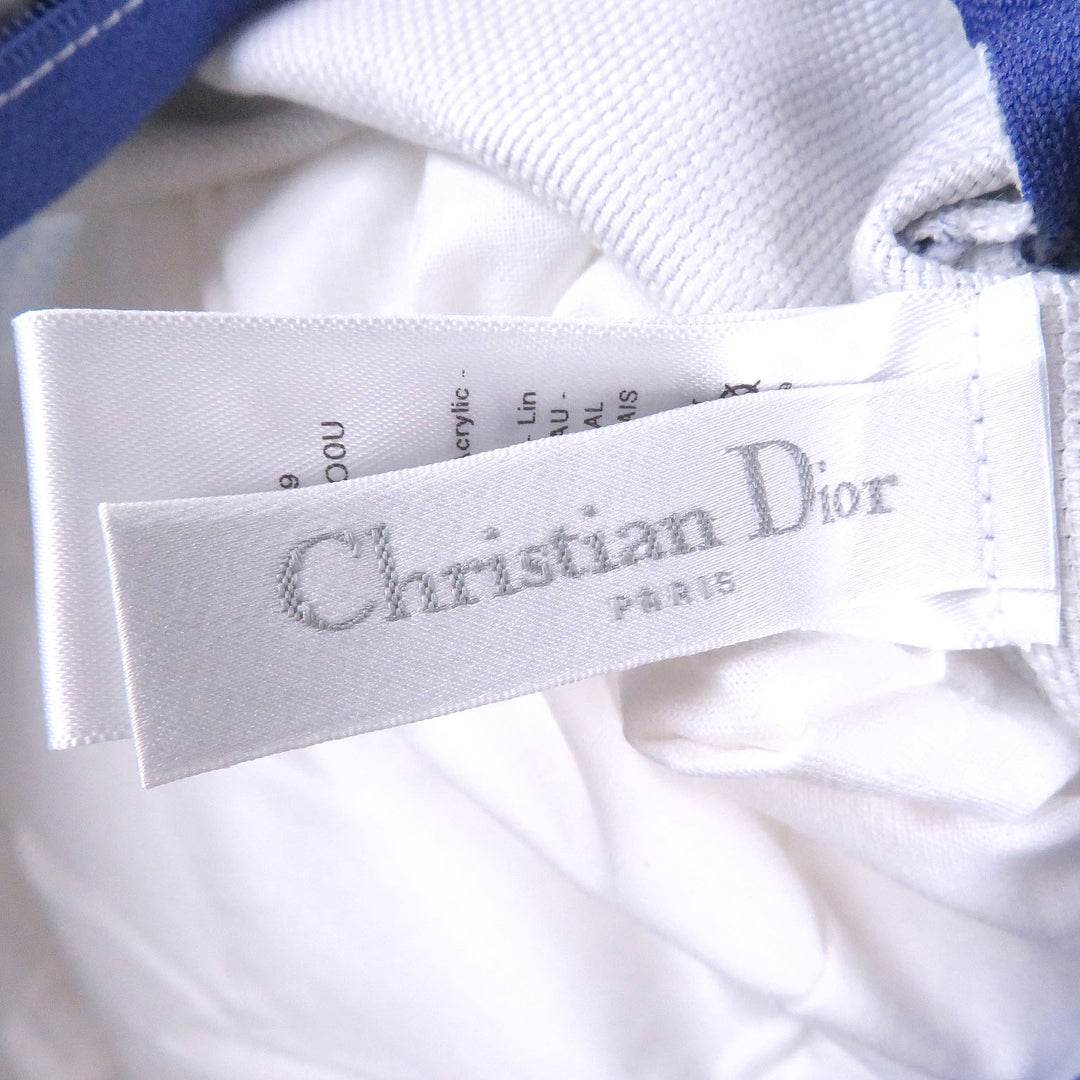 極美品□Christian Dior クリスチャンディオール HYP02RCO0U ディオリビエラ リネン混 クッション ブルー フランス製 レディース