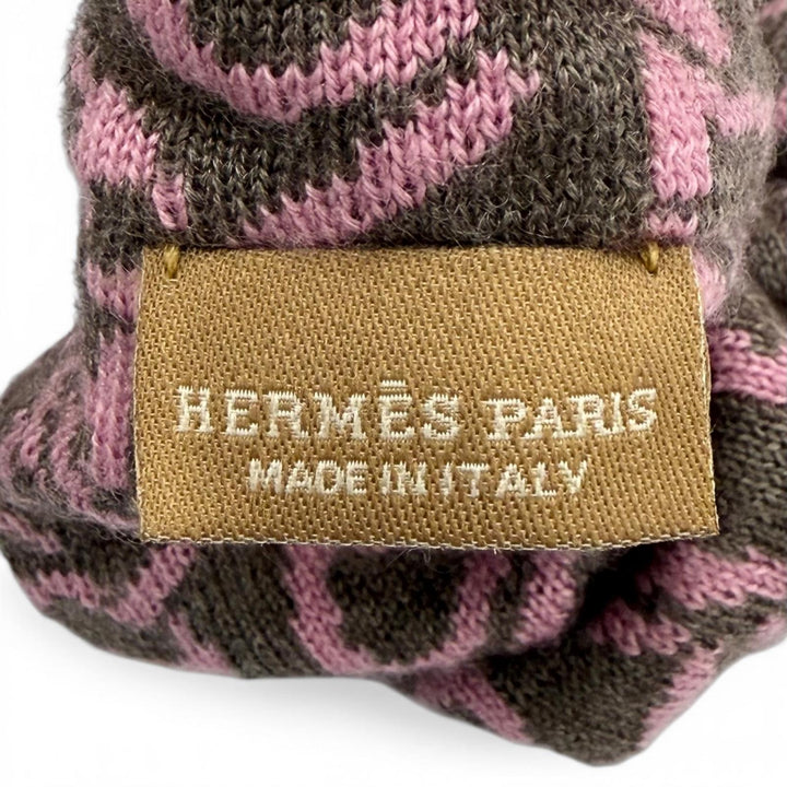 極美品◇HERMES エルメス クラウディア シュシュ カシミヤ シルク シェーヌダンクル ジャガードニット ヘアゴム ピンク 伊製 レディース