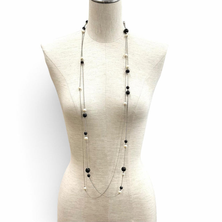 美品★Georg Jensen ジョージジェンセン ステーション 925 オニキス フレッシュウォーターパール ロング ネックレス 総重量53.5g