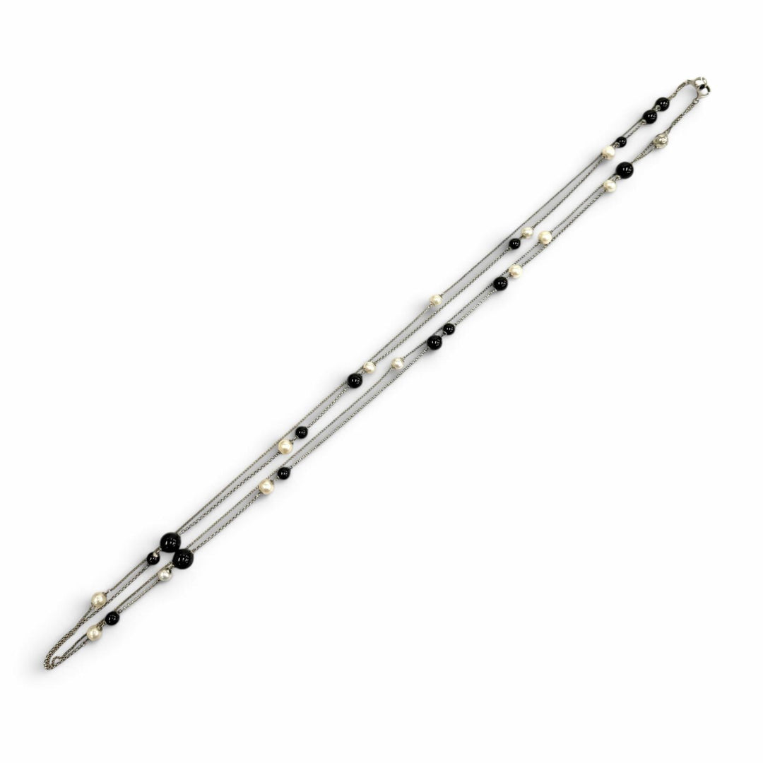 美品★Georg Jensen ジョージジェンセン ステーション 925 オニキス フレッシュウォーターパール ロング ネックレス 総重量53.5g