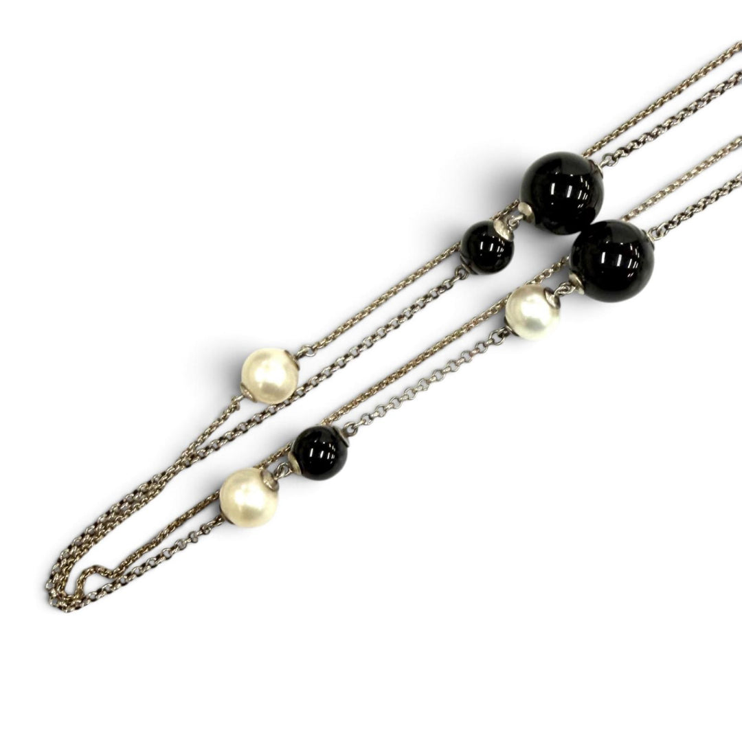 美品★Georg Jensen ジョージジェンセン ステーション 925 オニキス フレッシュウォーターパール ロング ネックレス 総重量53.5g
