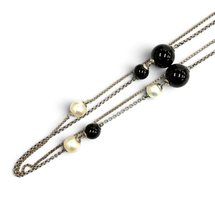 美品★Georg Jensen ジョージジェンセン ステーション 925 オニキス フレッシュウォーターパール ロング ネックレス 総重量53.5g