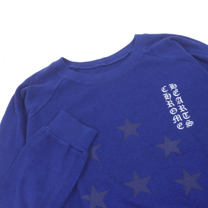 良品□CHROME HEARTS クロムハーツ コットン スター スクロールラベルプリント ロングスリーブ 長袖Ｔシャツ ブルー XS USA製 メンズ