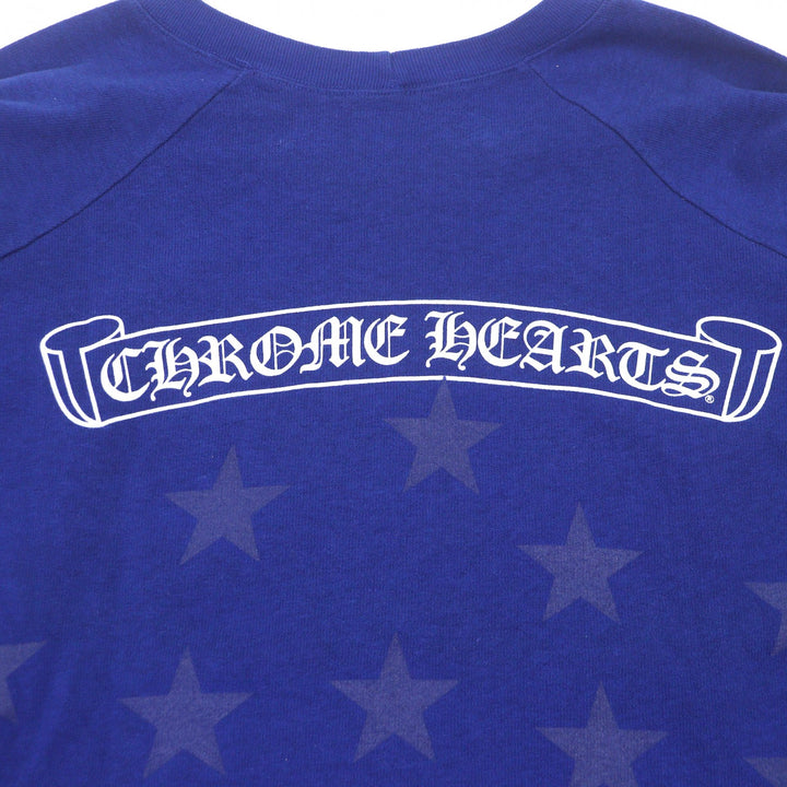 良品□CHROME HEARTS クロムハーツ コットン スター スクロールラベルプリント ロングスリーブ 長袖Ｔシャツ ブルー XS USA製 メンズ