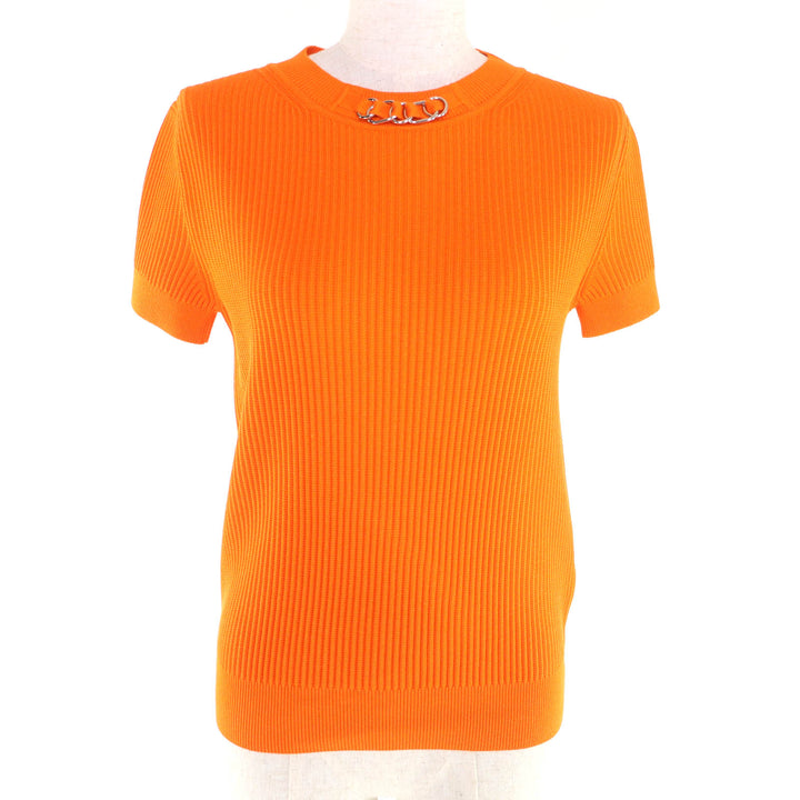 極美品★HERMES エルメス 23SS 3E2605D6 シルク混 クルーネック 半袖 リブニット トップス オレンジ 34 イタリア製 正規品 レディース