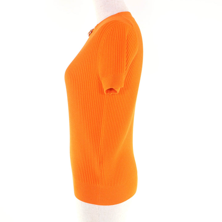 極美品★HERMES エルメス 23SS 3E2605D6 シルク混 クルーネック 半袖 リブニット トップス オレンジ 34 イタリア製 正規品 レディース