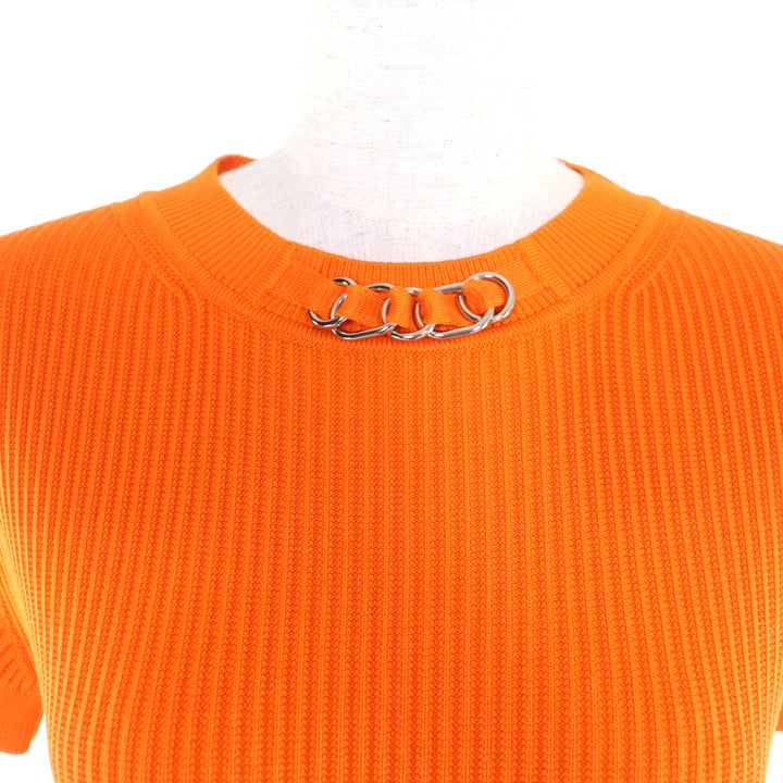 極美品★HERMES エルメス 23SS 3E2605D6 シルク混 クルーネック 半袖 リブニット トップス オレンジ 34 イタリア製 正規品 レディース