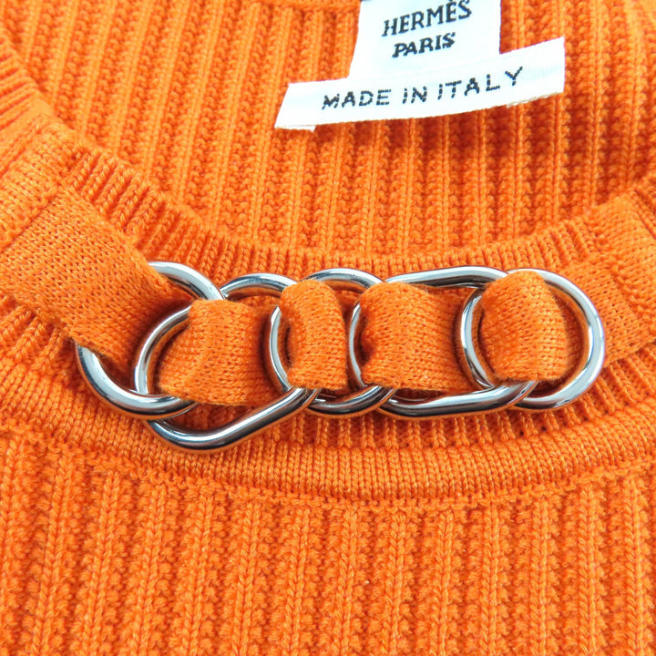 極美品★HERMES エルメス 23SS 3E2605D6 シルク混 クルーネック 半袖 リブニット トップス オレンジ 34 イタリア製 正規品 レディース