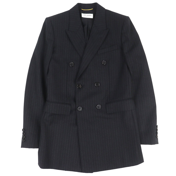極美品△SAINT LAURENT PARIS サンローランパリ 20AW 632886 ウール100％ ストライプ柄 ロゴボタン ダブルブレストジャケット 34 正規品