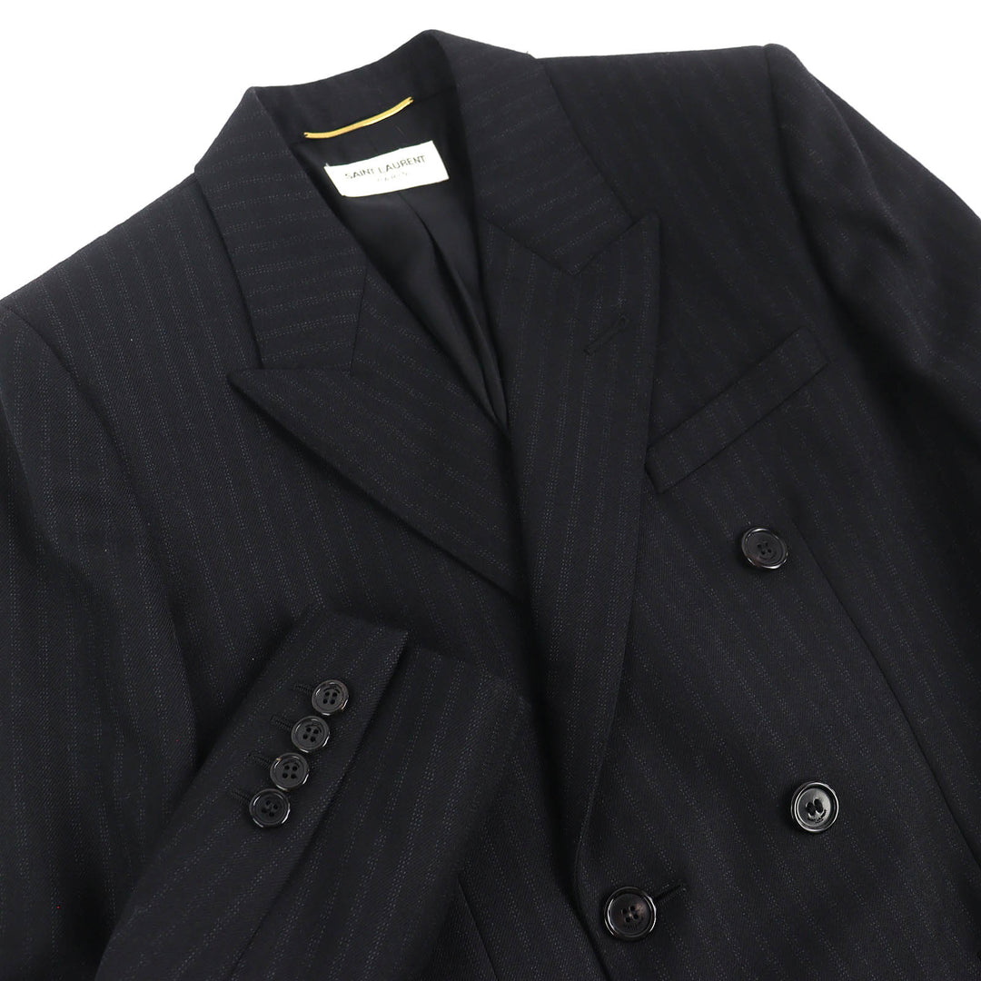 極美品△SAINT LAURENT PARIS サンローランパリ 20AW 632886 ウール100％ ストライプ柄 ロゴボタン ダブルブレストジャケット 34 正規品