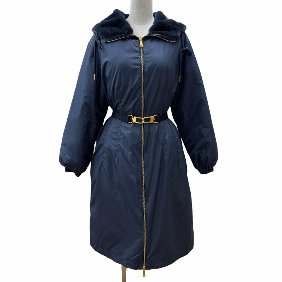 極美品◇MONCLER モンクレール 22-23AW H20931C00041 EVETTES リバーシブル ロゴワッペン ボアフード ベルト付 ダウンコート 紺 0 正規品