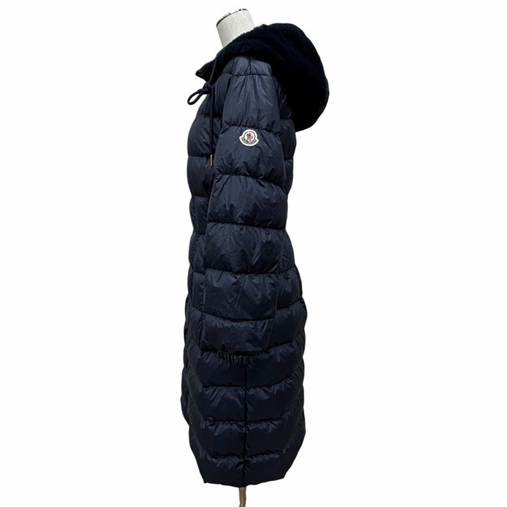 極美品◇MONCLER モンクレール 22-23AW H20931C00041 EVETTES リバーシブル ロゴワッペン ボアフード ベルト付 ダウンコート 紺 0 正規品
