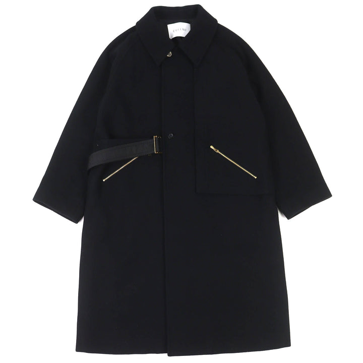 極美品△CULLNI クルニ CU-054-ST 別注 Soutien Collar Tie Locken coat ウール100％ ロゴボタン ロング ステンカラーコート 黒 1 正規品