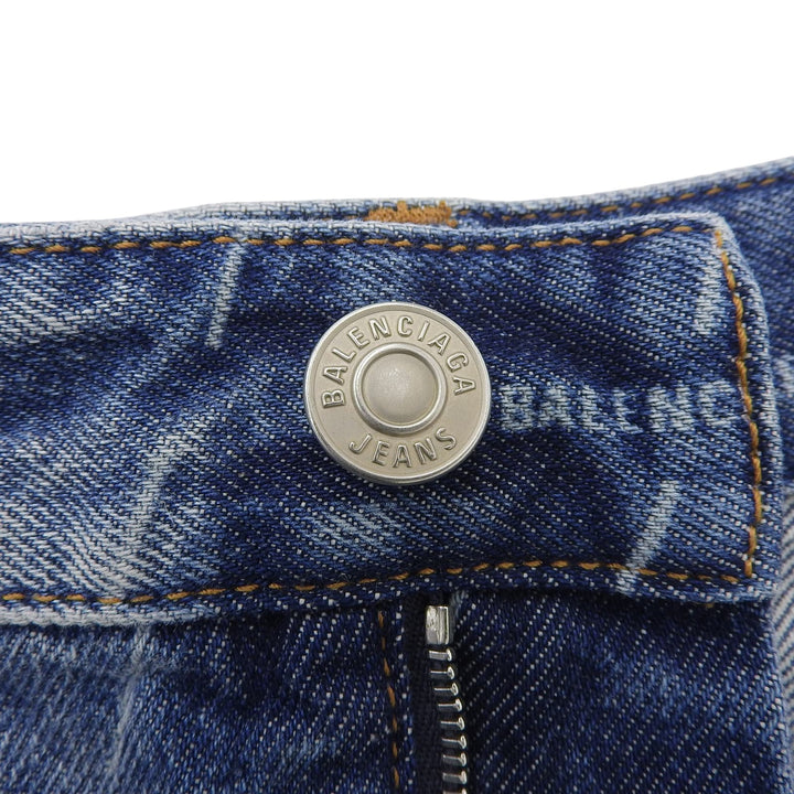 美品▲BALENCIAGA バレンシアガ 641518 コットン100％ ロゴボタン付き 総柄 デニムスカート インディゴ 34 イタリア製 正規品 レディース