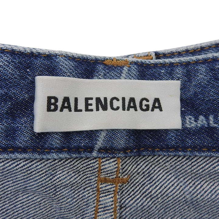 美品▲BALENCIAGA バレンシアガ 641518 コットン100％ ロゴボタン付き 総柄 デニムスカート インディゴ 34 イタリア製 正規品 レディース