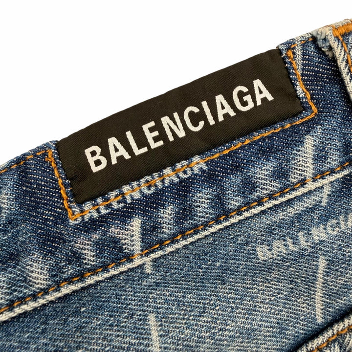 美品▲BALENCIAGA バレンシアガ 641518 コットン100％ ロゴボタン付き 総柄 デニムスカート インディゴ 34 イタリア製 正規品 レディース