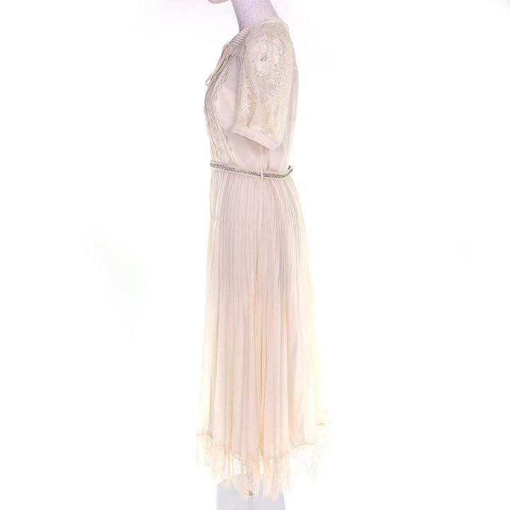 極美品△SELF PORTRAIT セルフ ポートレート ビジューベルト付き レースデザイン シフォン プリーツ 半袖 ミディドレス ワンピース UK8