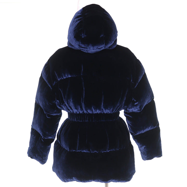極美品△PRADA プラダ 25AW 292214 トライアングルロゴプレート ウエストゴム フード付 ベルベット ダウンジャケット ネイビー 36 正規品