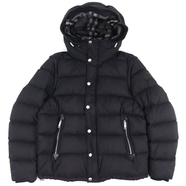 極美品△BURBERRY バーバリー 4058195 一部チェック柄 ロゴワッペン フード付き 2WAY ダウンベスト ダウンジャケット 黒 54 国内正規品
