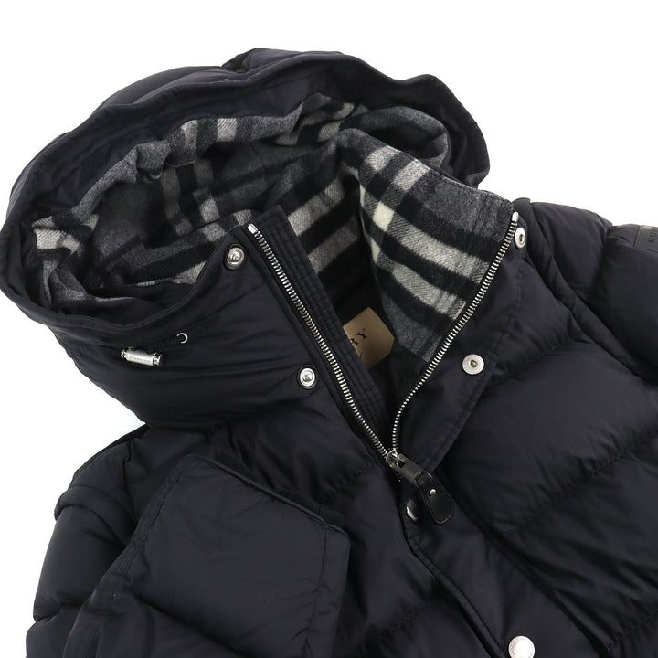 極美品△BURBERRY バーバリー 4058195 一部チェック柄 ロゴワッペン フード付き 2WAY ダウンベスト ダウンジャケット 黒 54 国内正規品