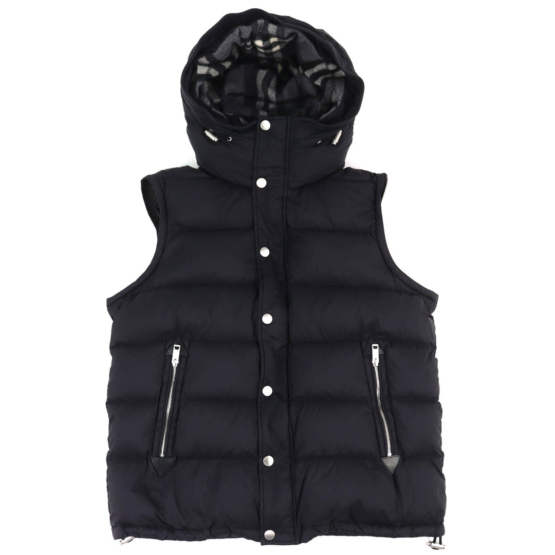 極美品△BURBERRY バーバリー 4058195 一部チェック柄 ロゴワッペン フード付き 2WAY ダウンベスト ダウンジャケット 黒 54 国内正規品