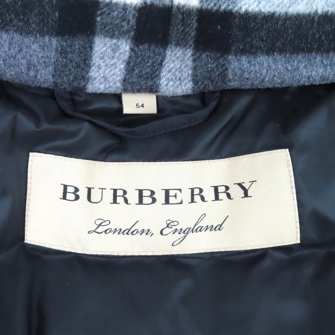 極美品△BURBERRY バーバリー 4058195 一部チェック柄 ロゴワッペン フード付き 2WAY ダウンベスト ダウンジャケット 黒 54 国内正規品