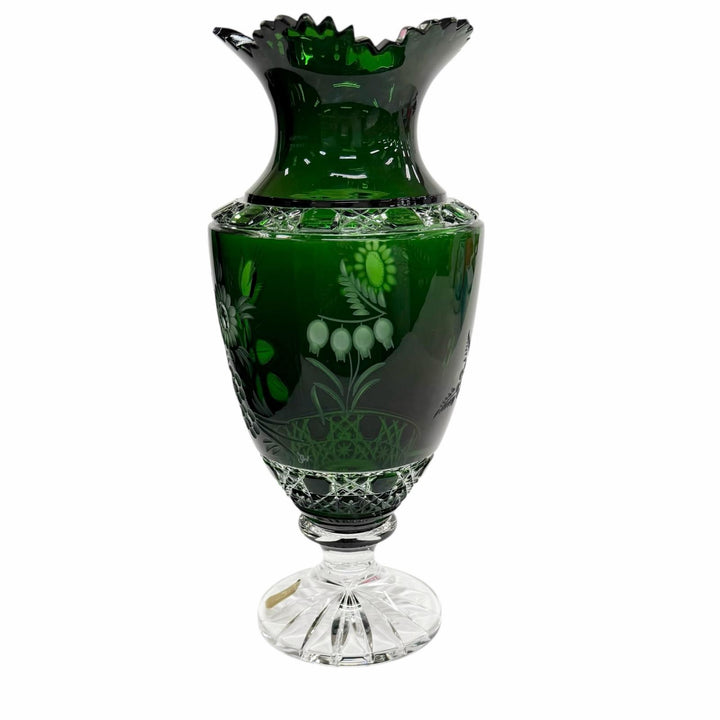 極美品◇Meissen マイセン クリスタルガラス 緑被せ 花文彫刻 フラワーベース 花瓶 クリアグリーン 高さ29cm レディース オススメ◎