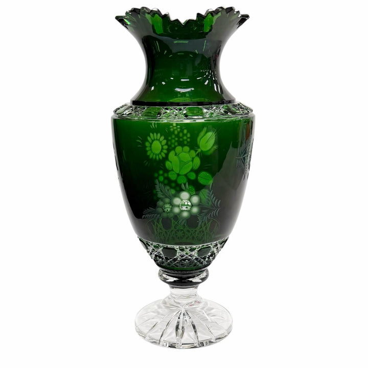 極美品◇Meissen マイセン クリスタルガラス 緑被せ 花文彫刻 フラワーベース 花瓶 クリアグリーン 高さ29cm レディース オススメ◎