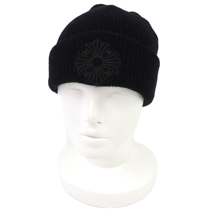 美品△CHROME HEARTS クロムハーツ ウール100％ CHプラス刺繍 ビーニー ニット帽 ニットキャップ ブラック ONE SIZE 23cm USA製 正規品