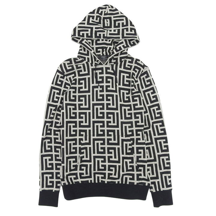 極美品▲BALMAIN バルマン JR002JB70 コットン100％ 総柄モノグラム プルオーバー パーカー ブラック ベージュ XS イタリア製 正規品