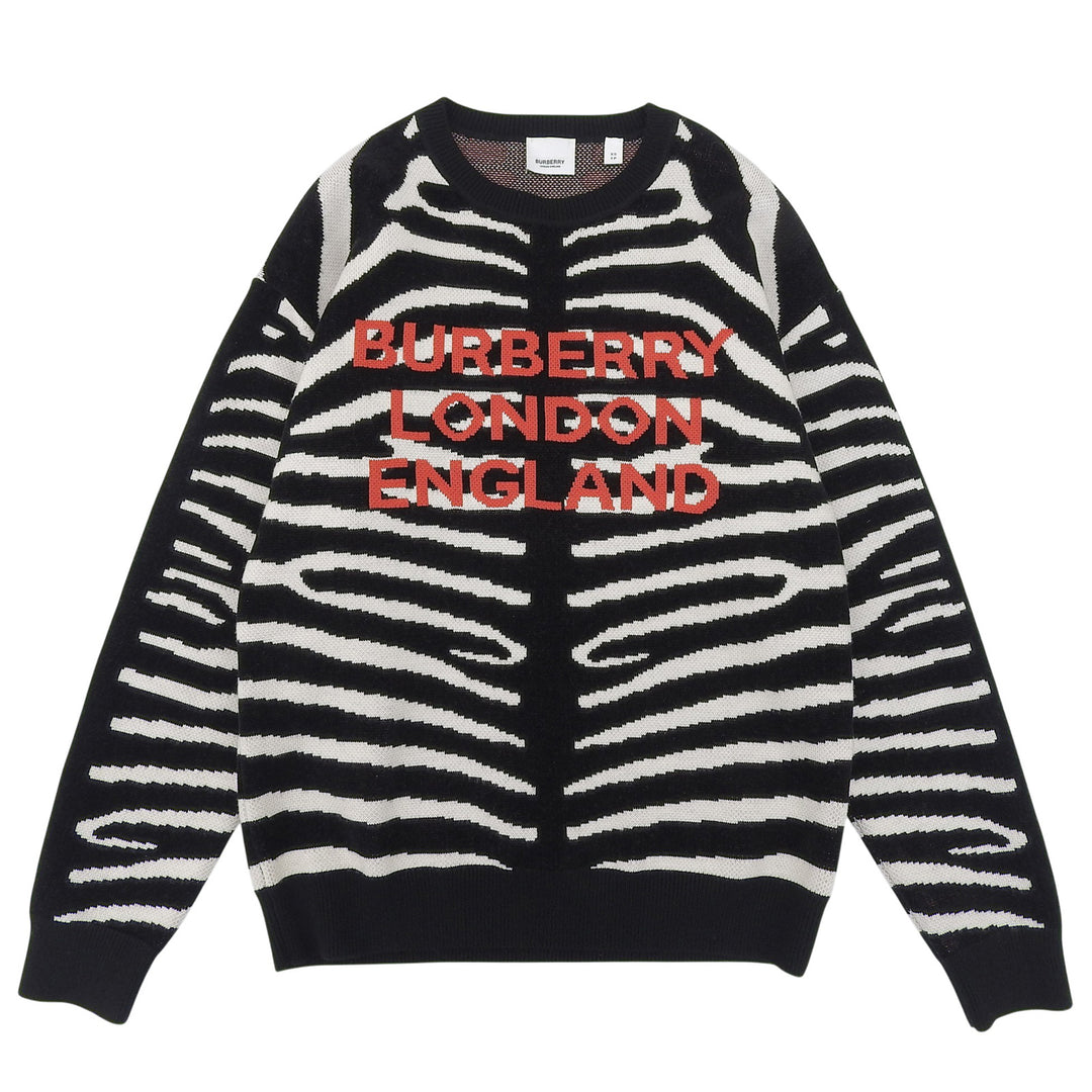 極美品▲BURBERRY バーバリー 8029410 ウール コットン ロゴエンブロイダリー ゼブラ柄 ニット セーター ブラック ホワイト XS 正規品