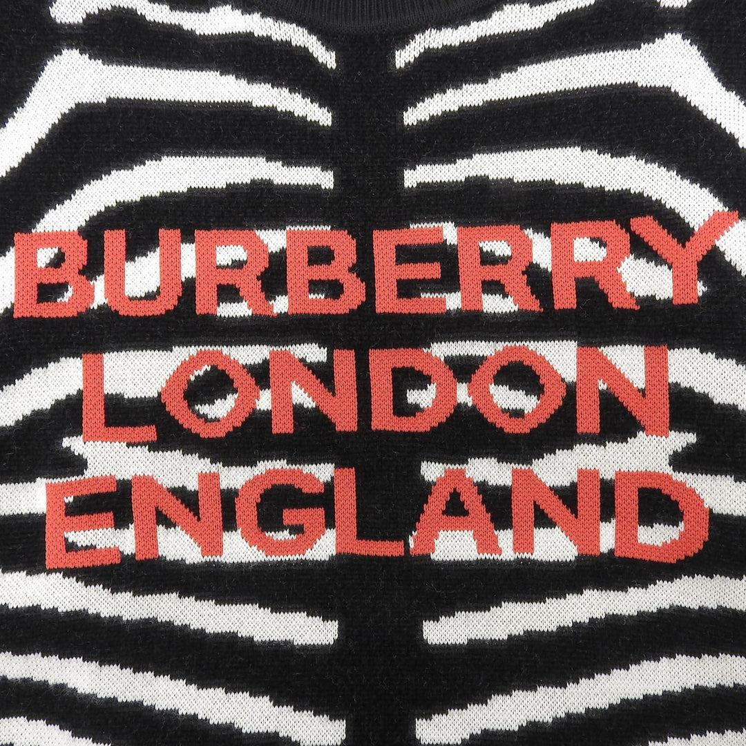 極美品▲BURBERRY バーバリー 8029410 ウール コットン ロゴエンブロイダリー ゼブラ柄 ニット セーター ブラック ホワイト XS 正規品
