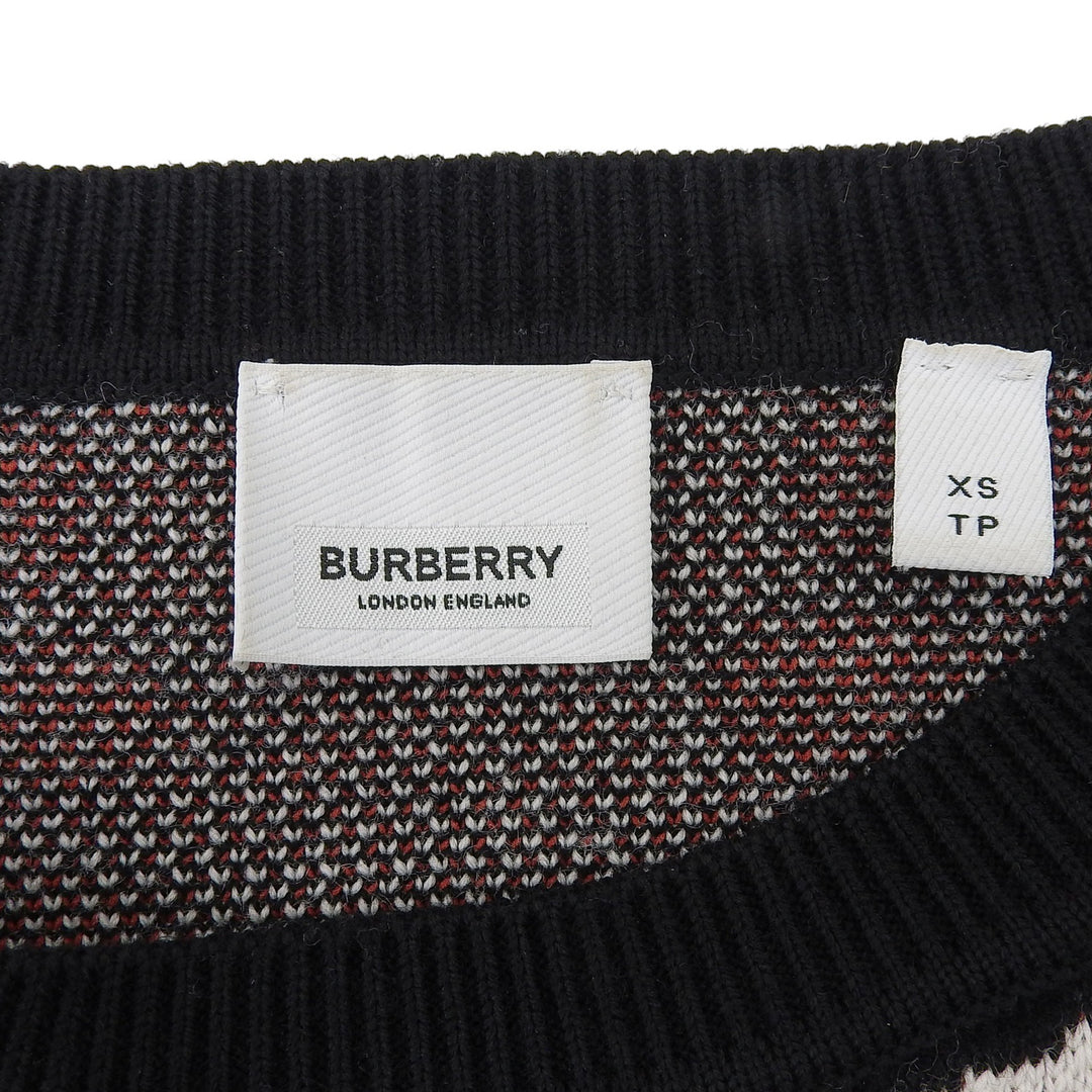極美品▲BURBERRY バーバリー 8029410 ウール コットン ロゴエンブロイダリー ゼブラ柄 ニット セーター ブラック ホワイト XS 正規品