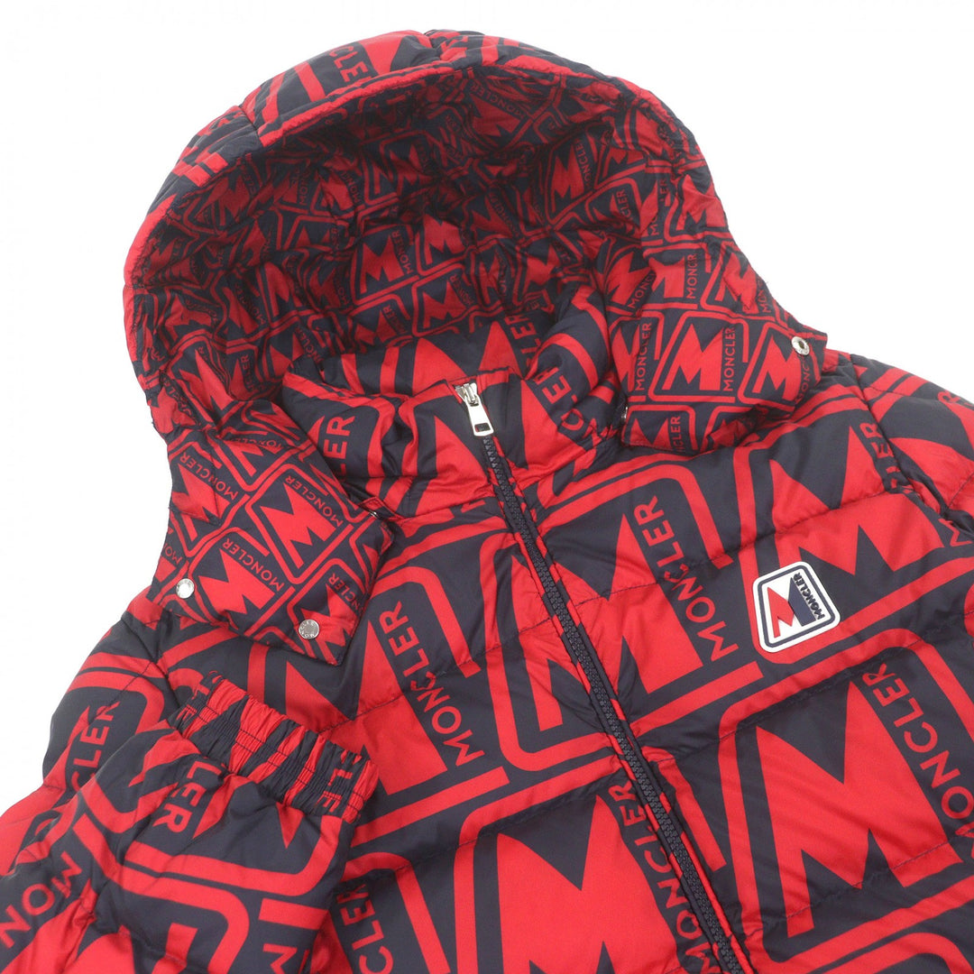 極美品□MONCLER モンクレール FRIOLAND ロゴラバーワッペン ロゴ総柄 フーデッド ダウンジャケット レッド ブラック 2 正規品 メンズ