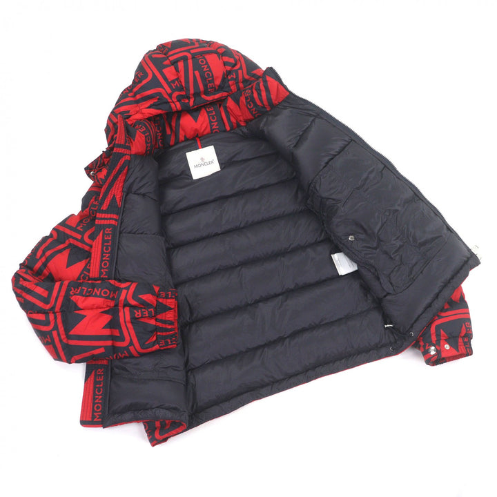 極美品□MONCLER モンクレール FRIOLAND ロゴラバーワッペン ロゴ総柄 フーデッド ダウンジャケット レッド ブラック 2 正規品 メンズ