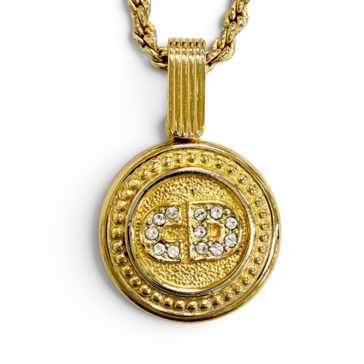 美品△Christian Dior クリスチャンディオール ヴィンテージ CDロゴ ラインストーン コインモチーフ ネックレス アクセサリー ゴールド