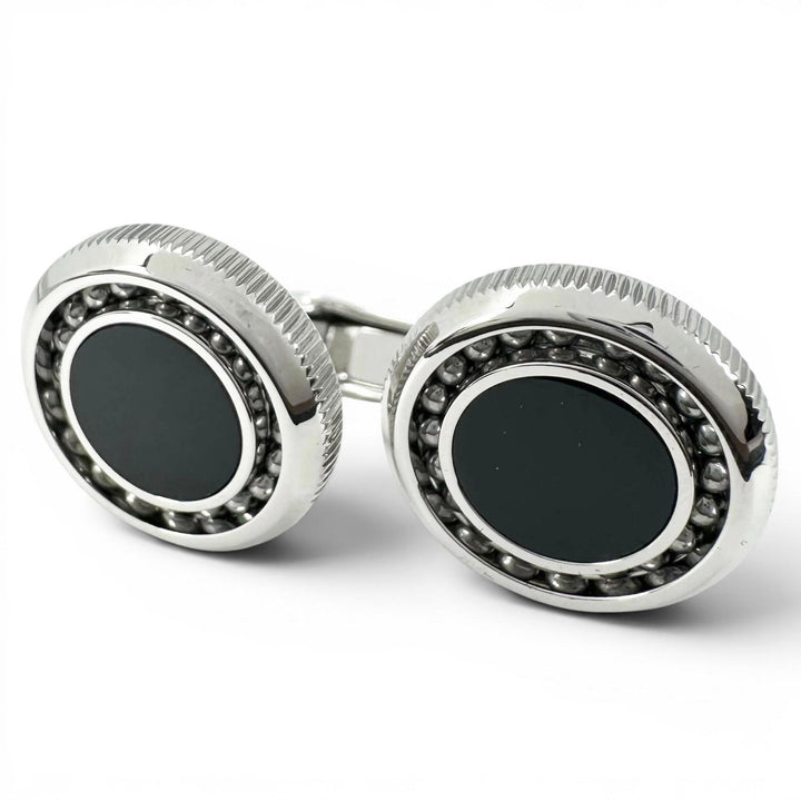 極美品▲Dunhill ダンヒル JNV3258K ブラックアゲート サークルデザイン カフスボタン カフリンクス シルバー ブラック メンズ 箱付き