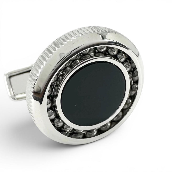 極美品▲Dunhill ダンヒル JNV3258K ブラックアゲート サークルデザイン カフスボタン カフリンクス シルバー ブラック メンズ 箱付き