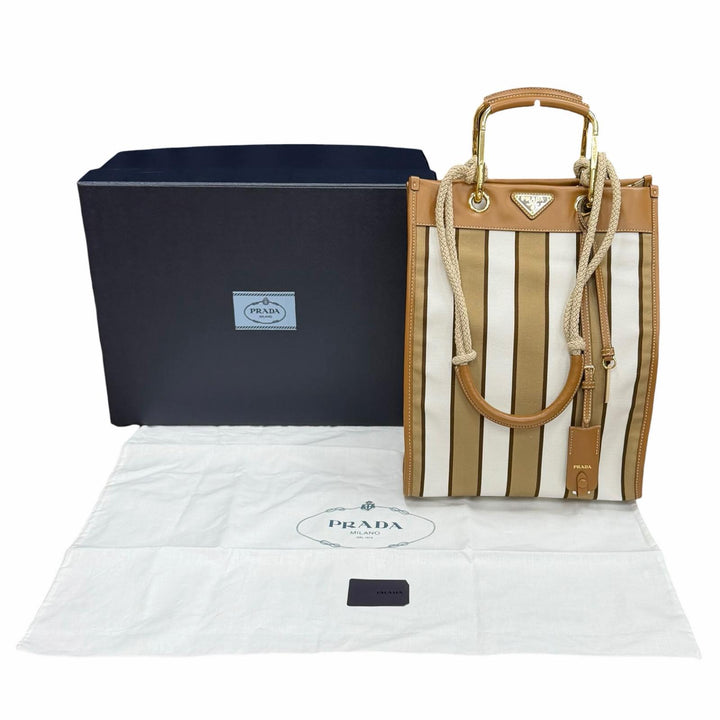 未使用品★PRADA プラダ 1BG561 トライアングルロゴ ストライプ レザー使い キャンバス トートバッグ ブラウン ホワイト 箱・保存袋付き
