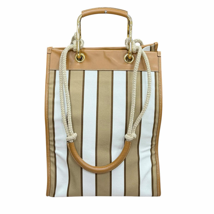 未使用品★PRADA プラダ 1BG561 トライアングルロゴ ストライプ レザー使い キャンバス トートバッグ ブラウン ホワイト 箱・保存袋付き