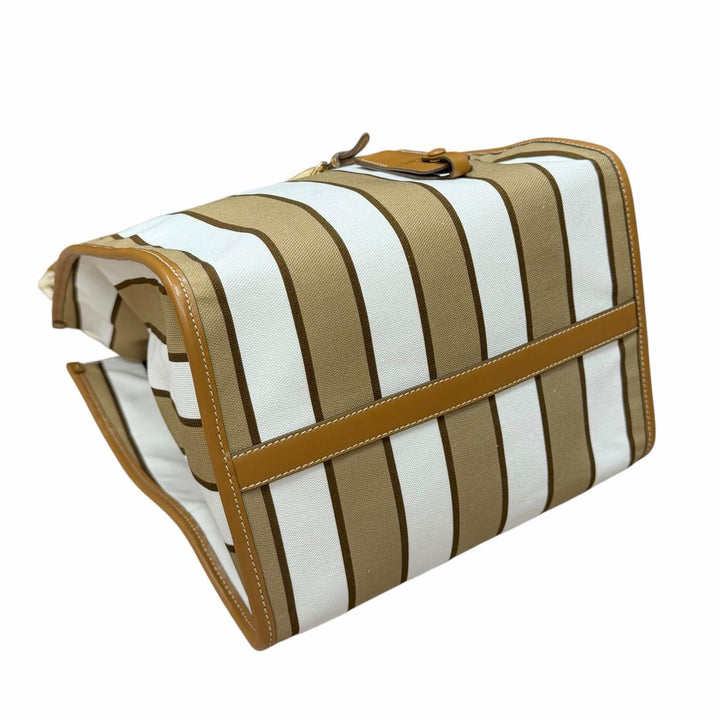 未使用品★PRADA プラダ 1BG561 トライアングルロゴ ストライプ レザー使い キャンバス トートバッグ ブラウン ホワイト 箱・保存袋付き