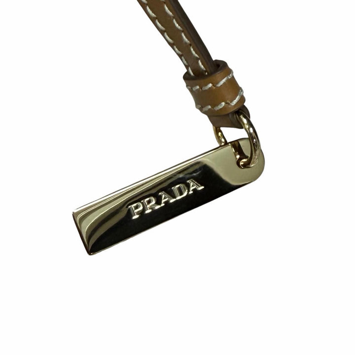 未使用品★PRADA プラダ 1BG561 トライアングルロゴ ストライプ レザー使い キャンバス トートバッグ ブラウン ホワイト 箱・保存袋付き