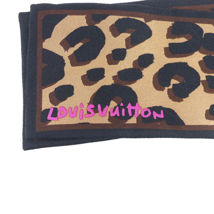美品★LOUIS VUITTON ルイヴィトン 403474 シルク100％ バンド フリュール レオパード フォックスファー ティペット ブラウン イタリア製