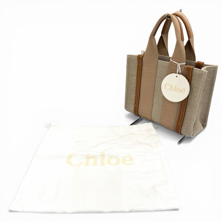 極美品◇Chloe クロエ CHC23AS397L17 ウッディ スモール トートバッグ レザー リネン 2WAY ハンドバッグ ベージュ系 保存袋付 レディース