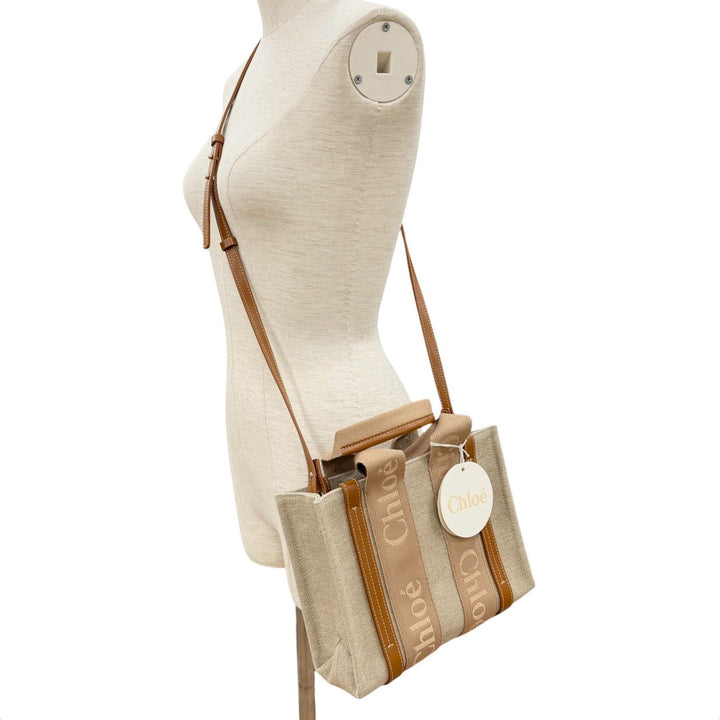極美品◇Chloe クロエ CHC23AS397L17 ウッディ スモール トートバッグ レザー リネン 2WAY ハンドバッグ ベージュ系 保存袋付 レディース