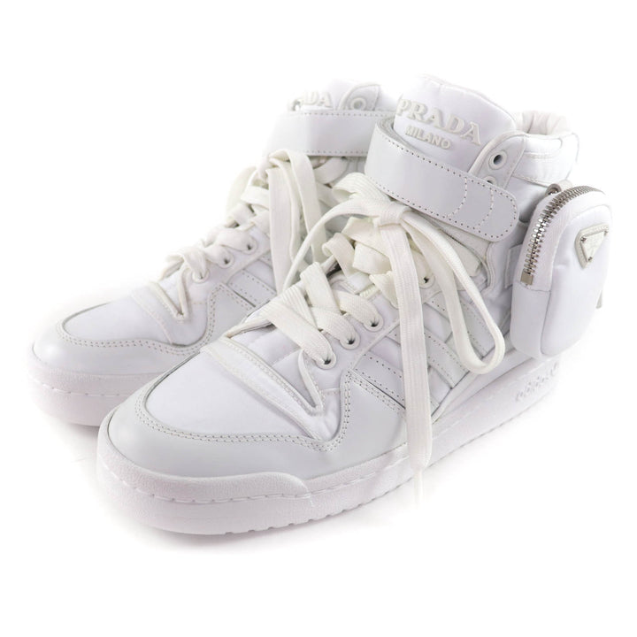 極美品★PRADA プラダ 2TG193 Re-Nylon ポーチ付 トライアングルプレート ハイカットスニーカー ホワイト 24 イタリア製 レディース