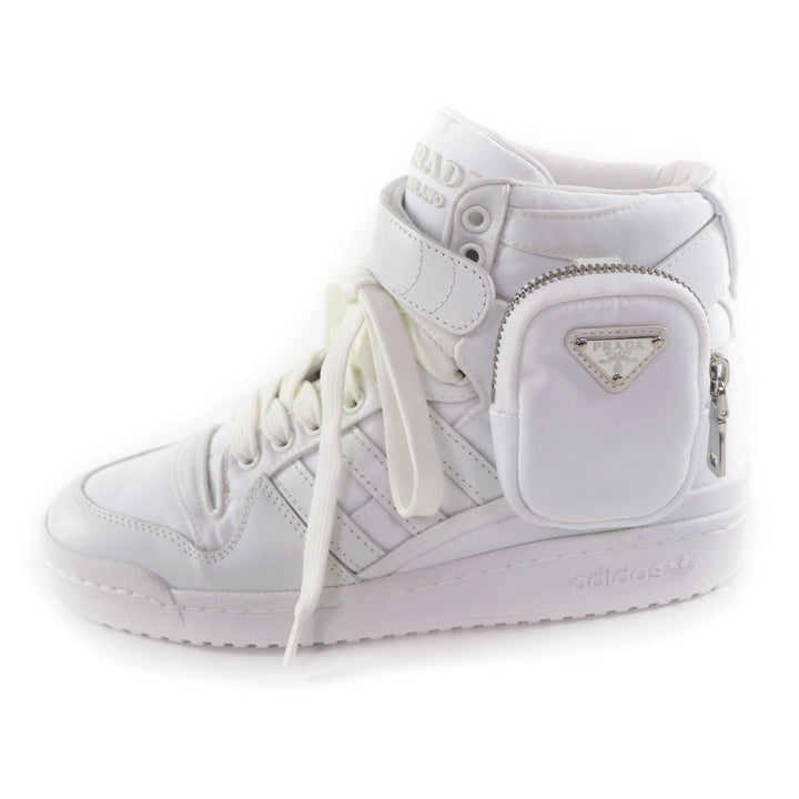極美品★PRADA プラダ 2TG193 Re-Nylon ポーチ付 トライアングルプレート ハイカットスニーカー ホワイト 24 イタリア製 レディース