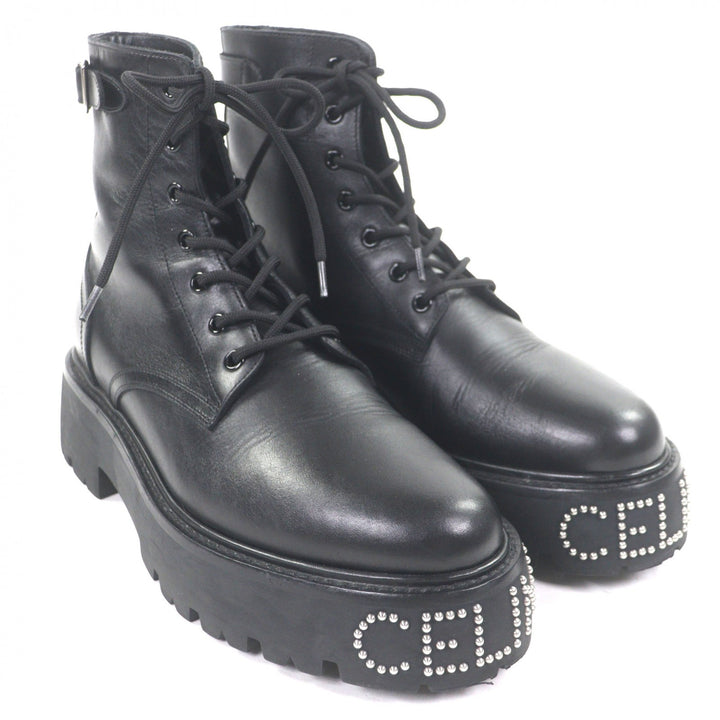 極美品▼CELINE セリーヌ BULKY バルキー レザー エディ期 ロゴスタッズ レースアップ ショートブーツ ブラック 42 イタリア製 メンズ