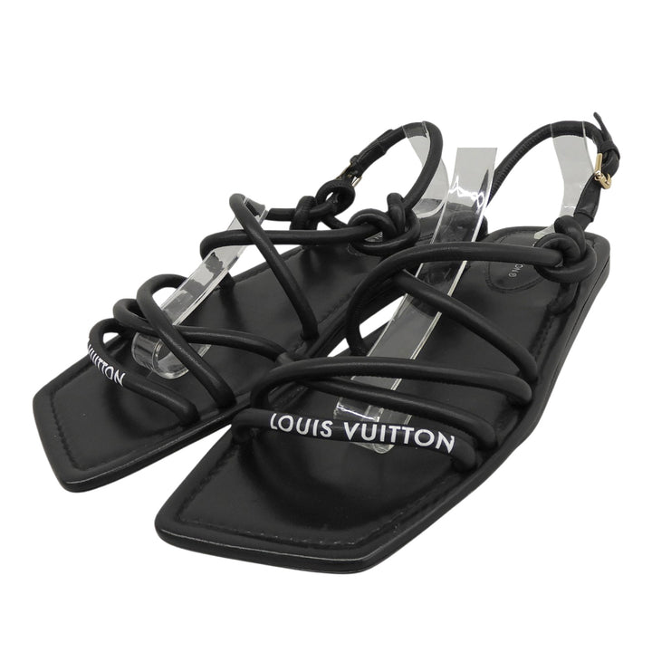 美品▲LOUIS VUITTON ルイヴィトン スクエアトゥ バックストラップ フラット レザー サンダル ブラック 36.5 イタリア製 レディース