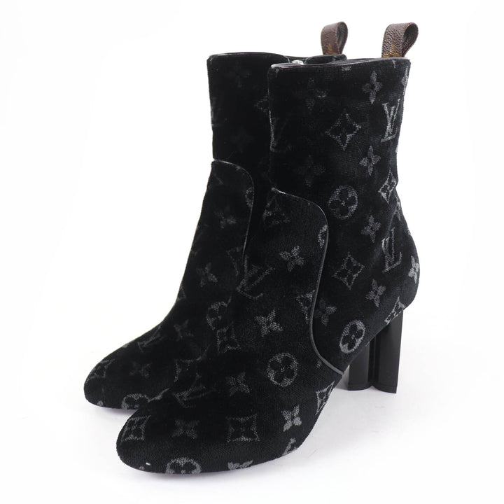 極美品☆LOUIS VUITTON ルイヴィトン シルエット・ライン モノグラム ベロア ショートブーツ ブラック 37.5 箱・保袋付 伊製 レディース